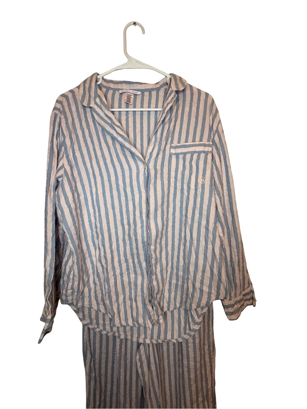 Victoria's Secret Striped Pajama Set Blue Pink Gold Shimmer Long Sleeve Small - Picture 3 of 9